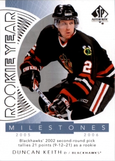 Hokejová karta Duncan Keith Sp Authentic 2017-18 Rookie Year Milestones