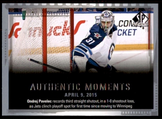 Hokejová karta Ondřej Pavelec UD SP Authentic 2015-16 Authentic Moments č. 148